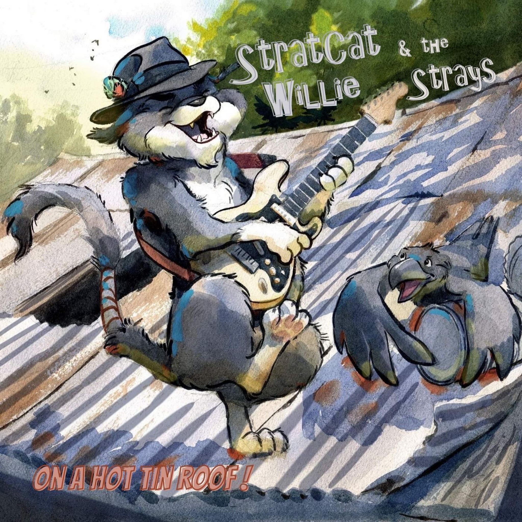 A stray cat cartoon character playing a guitar.