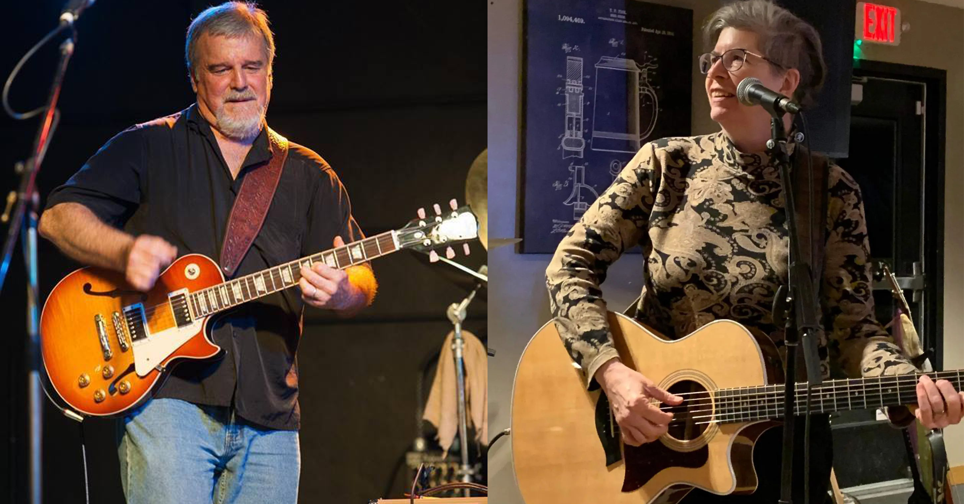 Mike Shaw playing guitar and Carol Xtine playing guitar.