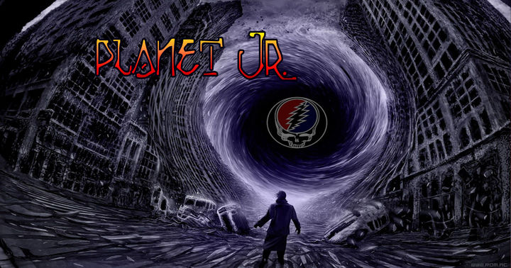 PlanetJr. Planet Jr text graphic illustration of shadow of a man looking into a vortex