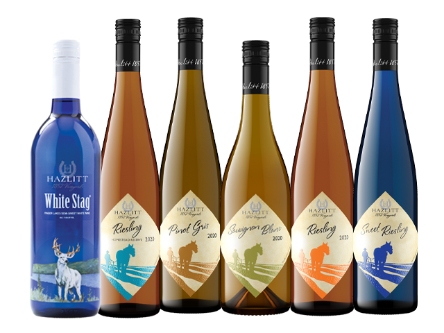 Bottles of white wines. White Stag, Pinot Gris, Sauvignon Blanc, Grüner Veltliner, Sweet Riesling