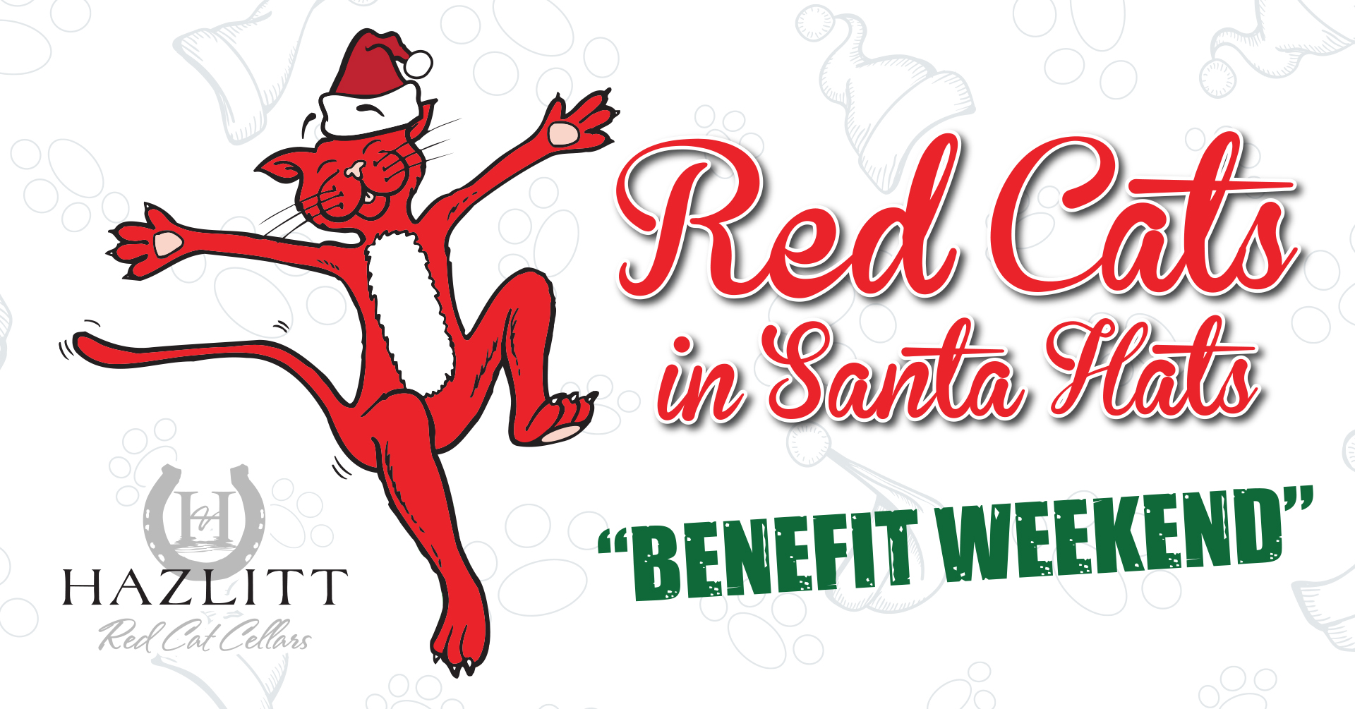 1920x1005_FBweb_RCSH_COVER Red Cats in Santa Hats Benefit Weekend. Dancing Red Cat wearing Santa Hat. Hazlitt Red Cat Cellars.