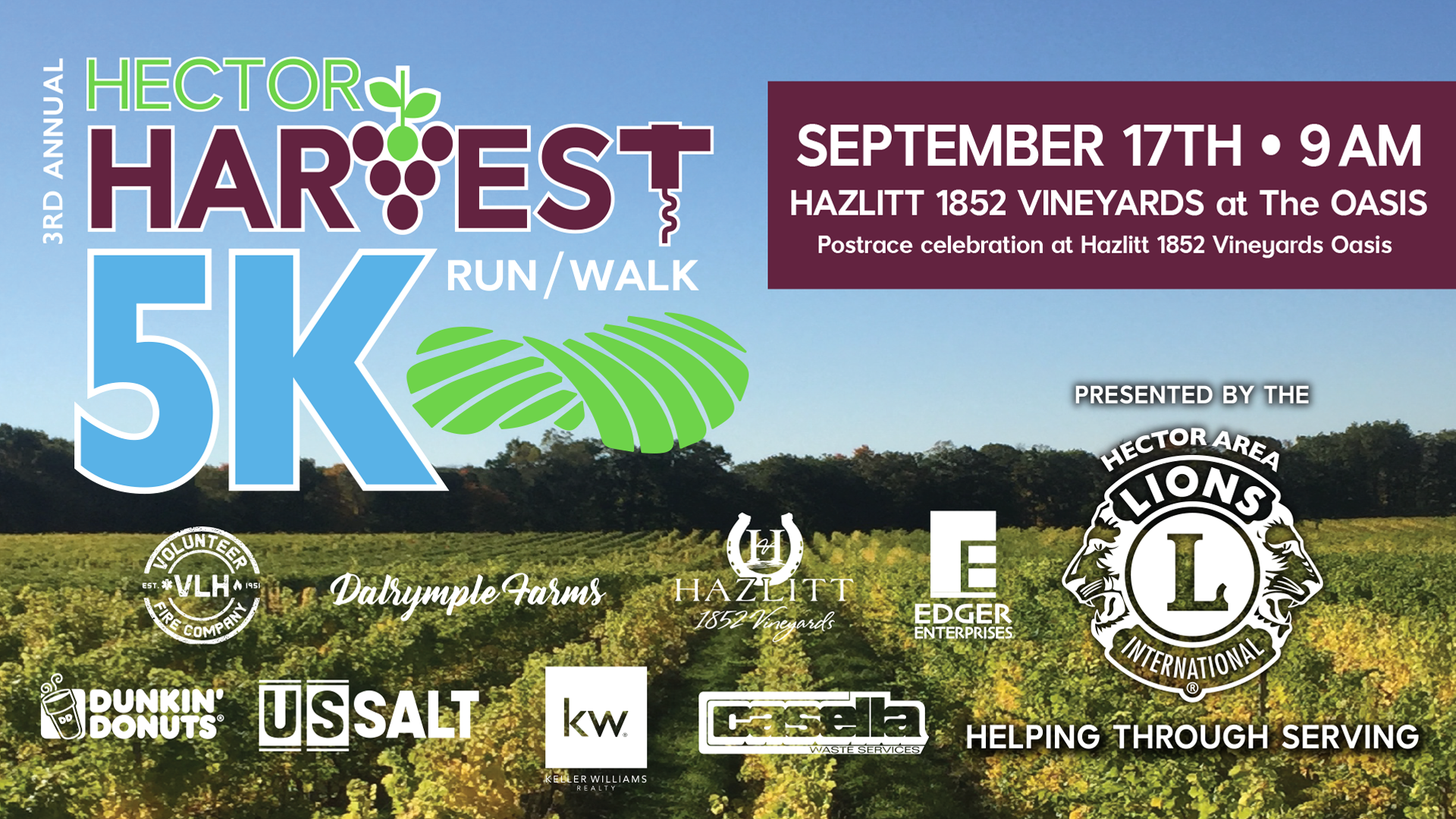1920x1080_FACEBOOKcover 3rd Annual Hector Harvest 5K. September 17 @ 9 AM. Start and Finish at Hazlitt 1852 Vineyards, Oasis.