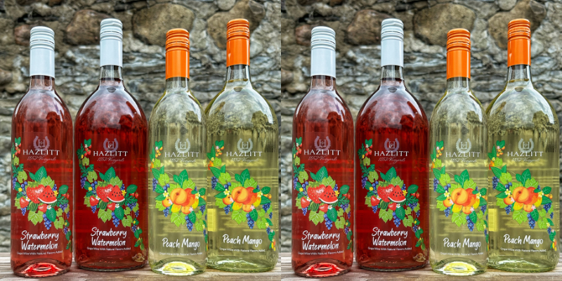 Fruit Frenzy Event Web Image (1) Strawberry Watermelon and Peach Mango wine bottles.